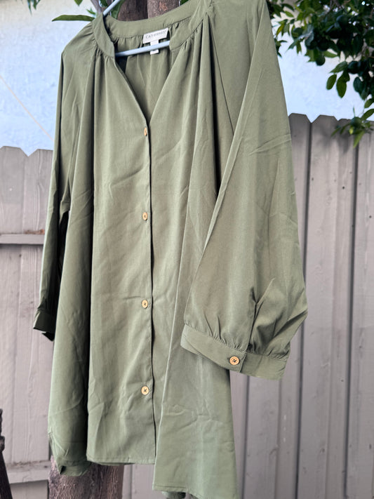 Catherines Olive Green Button Front Blouse 3/4 Sleeve Tunic Top Sz 1X