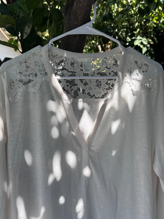 H&M Cream Long Sleeve Blouse with Lace Shoulder Detail – Size L