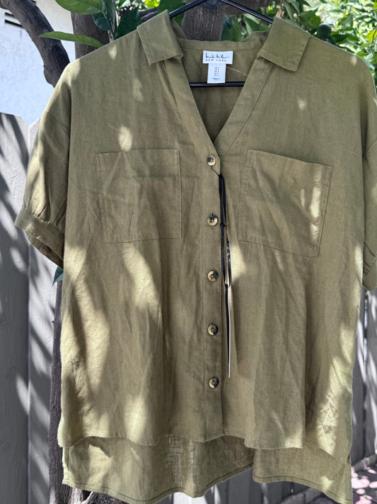 NEW Nicole Miller New York Olive Green Button Front Linen Blend Blouse Sz S