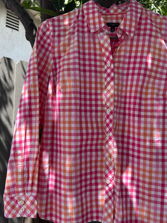 Talbots Petite Pink and Orange Gingham Button-Down Shirt Sz PM