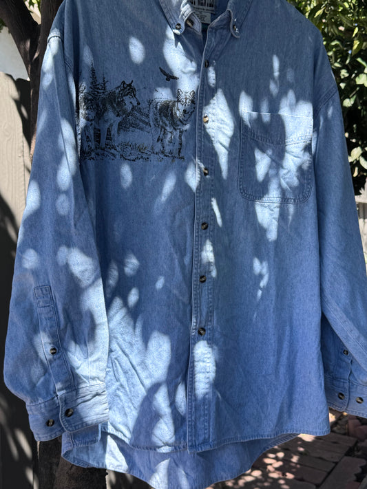 Vintage Wolf Graphic Denim Shirt 1990s Most Wanted Sz XL