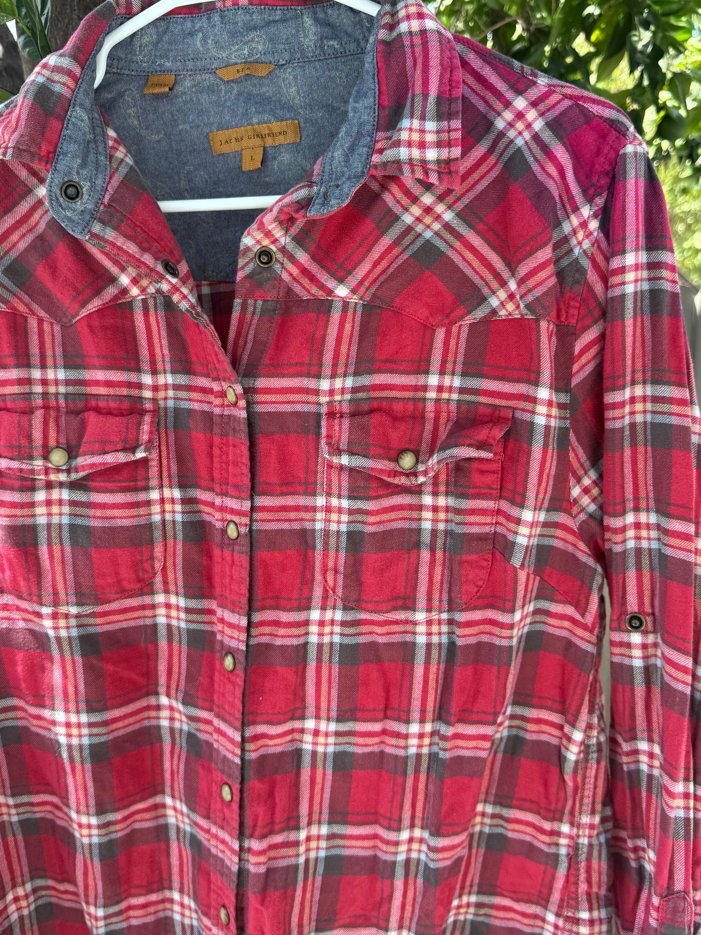 JACHS Girlfriend Red Plaid Flannel Western Button Down Shirt Sz L
