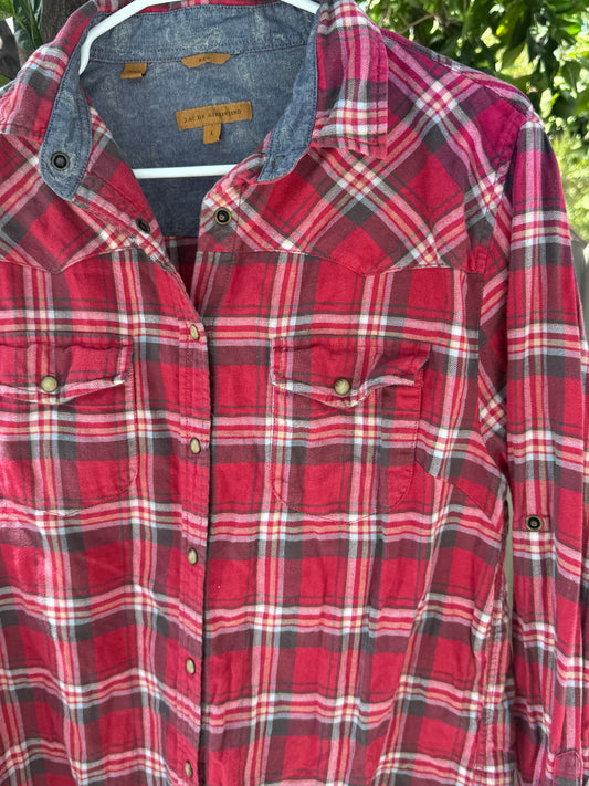 JACHS Girlfriend Red Plaid Flannel Western Button Down Shirt Sz L