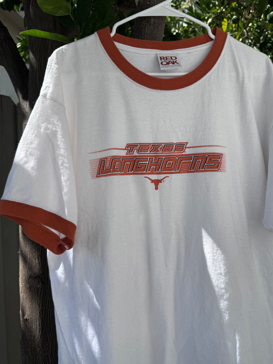 Vtg Texas Longhorns Ringer Tee Sz XL White/Orange Red Oak Sportswear
