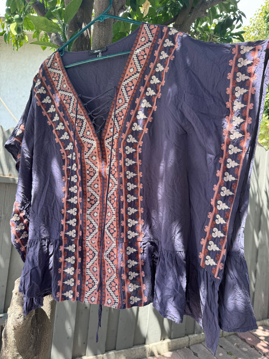 Andrée by Unit Boho Embroidered Tunic Lace Up Top Sz S