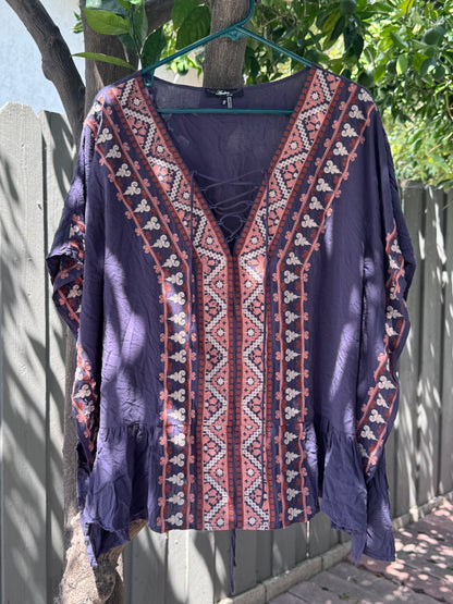 Andrée by Unit Boho Embroidered Tunic Lace Up Top Sz S