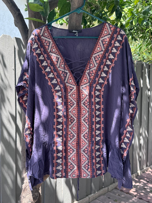 Andrée by Unit Boho Embroidered Tunic Lace Up Top Sz S