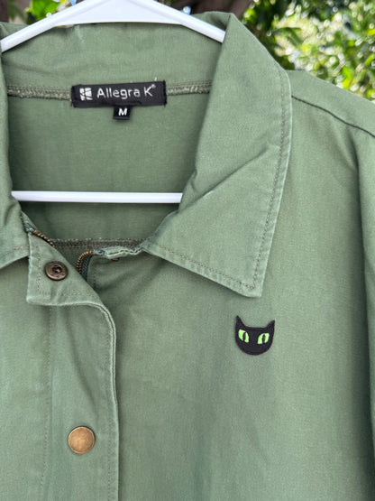 Allegra K Green Utility Jacket with Cat Patch Sz M