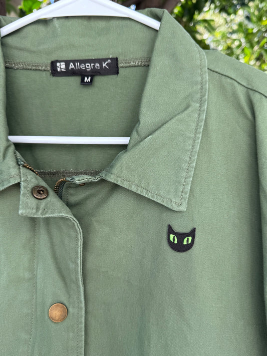 Allegra K Green Utility Jacket with Cat Patch Sz M