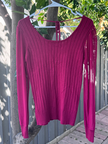 Almost Famous Magenta Ribbed Knit Sweater Top with Sheer Sleeves – Size L