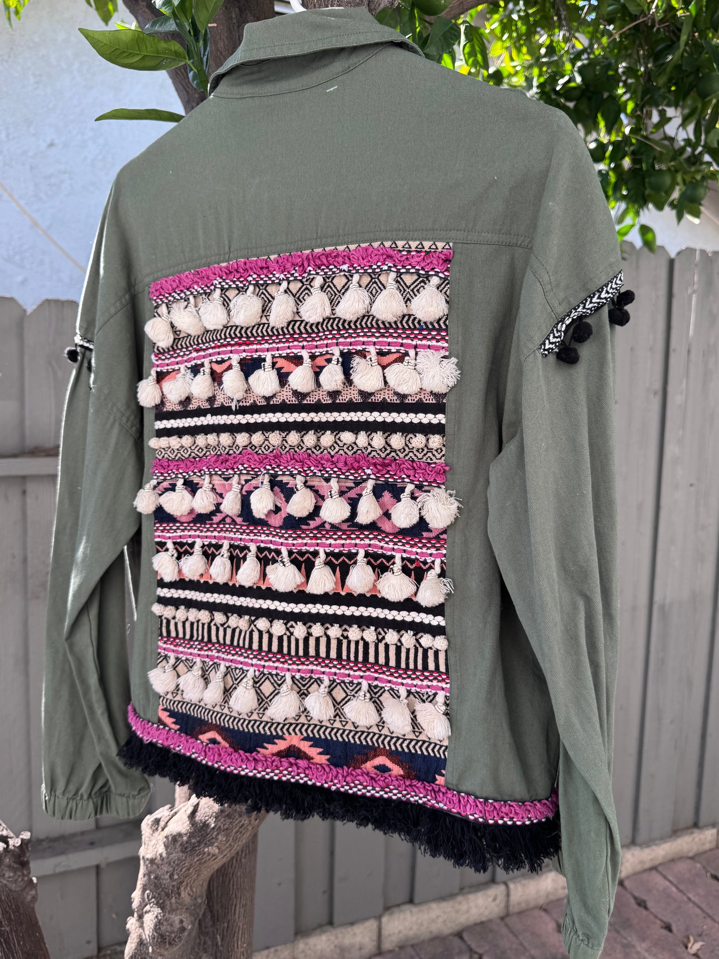 Zara TRF Olive Green Utility Jacket with Boho Embroidered Back Sz M