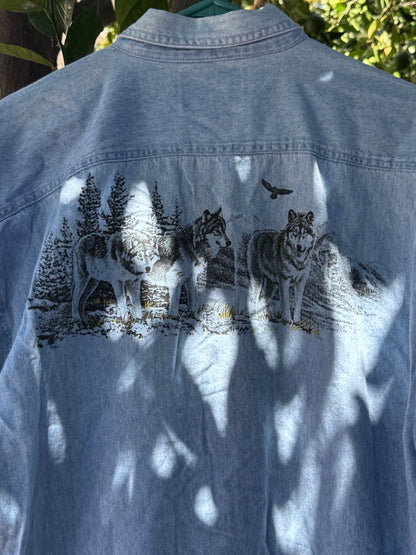 Vintage Wolf Graphic Denim Shirt 1990s Most Wanted Sz XL