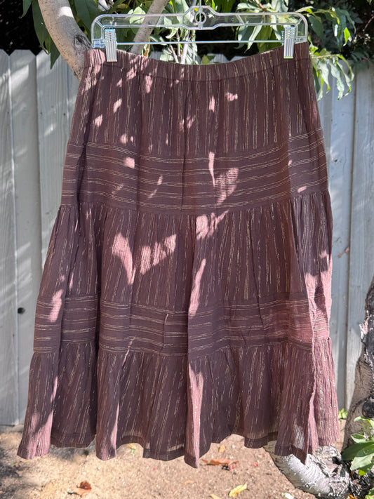Yas Brown Metallic Tiered Boho Skirt Sz L Made in USA