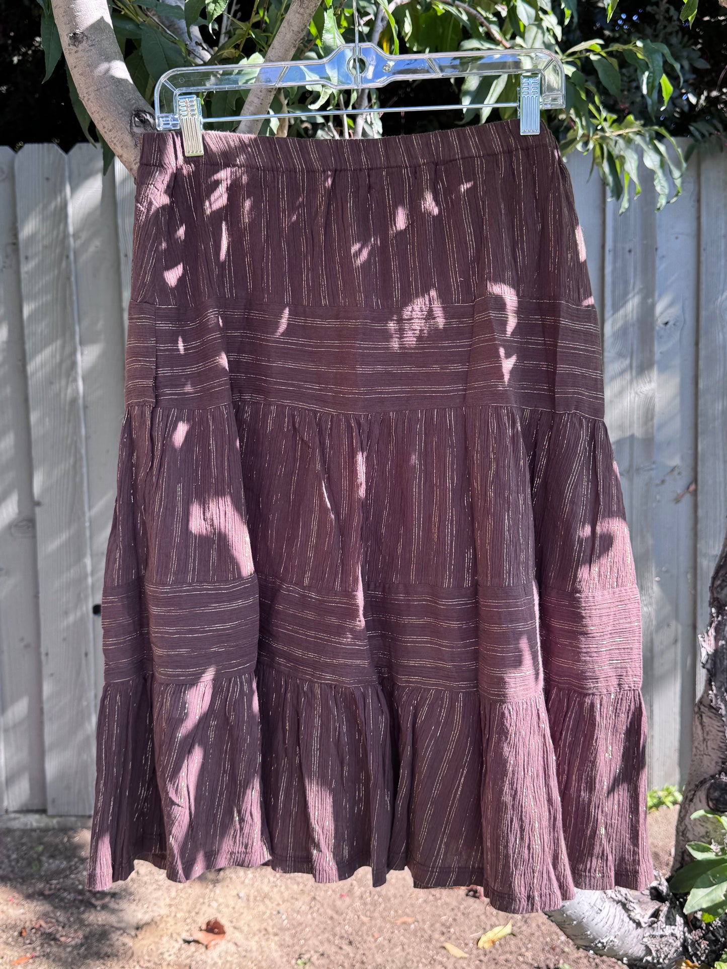 Yas Brown Metallic Tiered Boho Skirt Sz L Made in USA