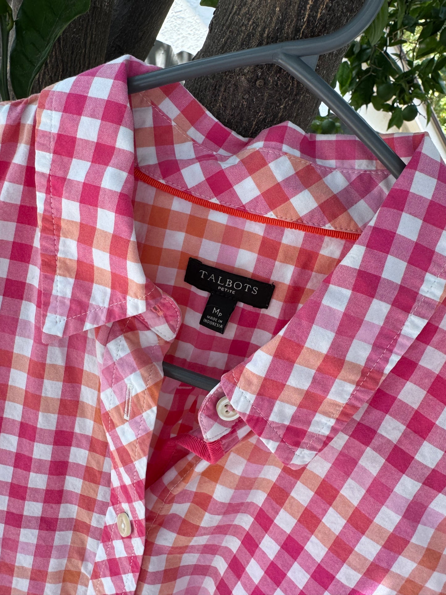 Talbots Petite Pink and Orange Gingham Button-Down Shirt Sz PM