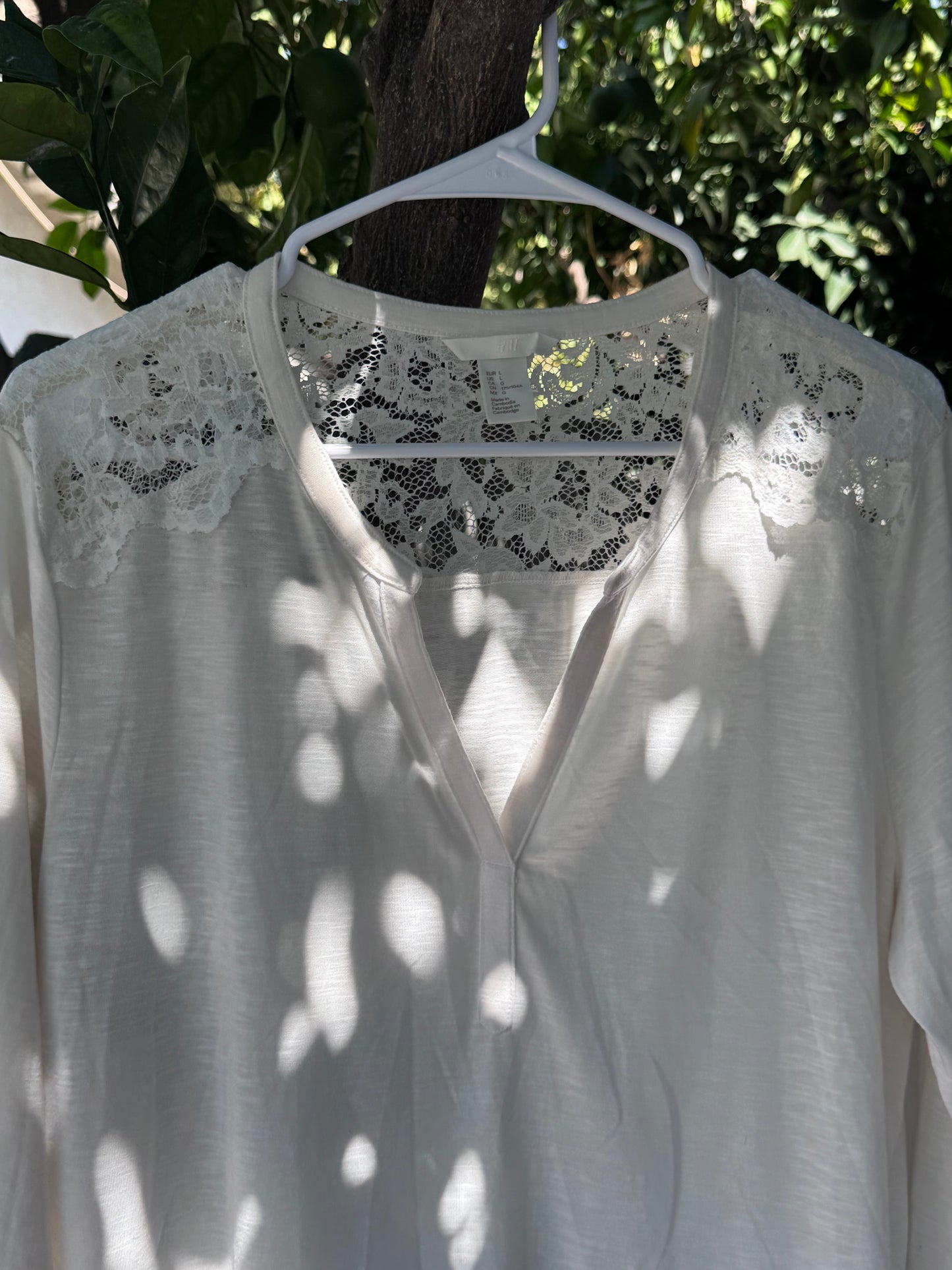 H&M Cream Long Sleeve Blouse with Lace Shoulder Detail – Size L