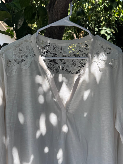 H&M Cream Long Sleeve Blouse with Lace Shoulder Detail – Size L