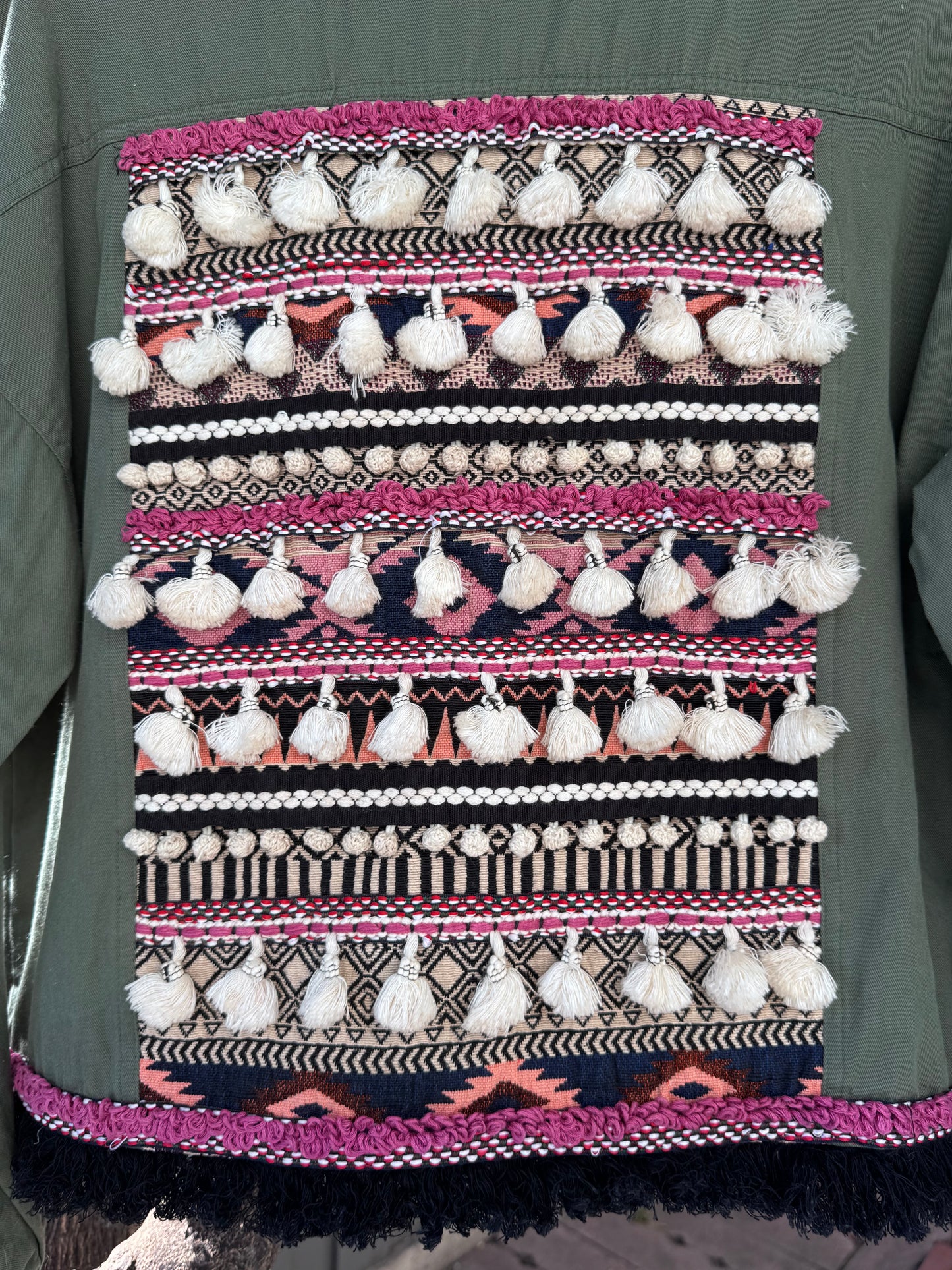 Zara TRF Olive Green Utility Jacket with Boho Embroidered Back Sz M