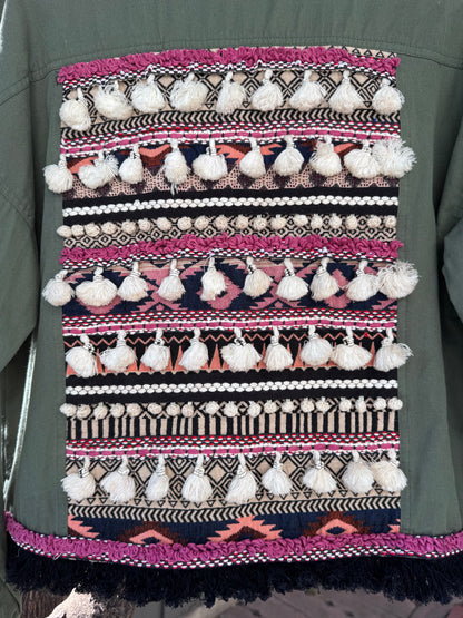 Zara TRF Olive Green Utility Jacket with Boho Embroidered Back Sz M