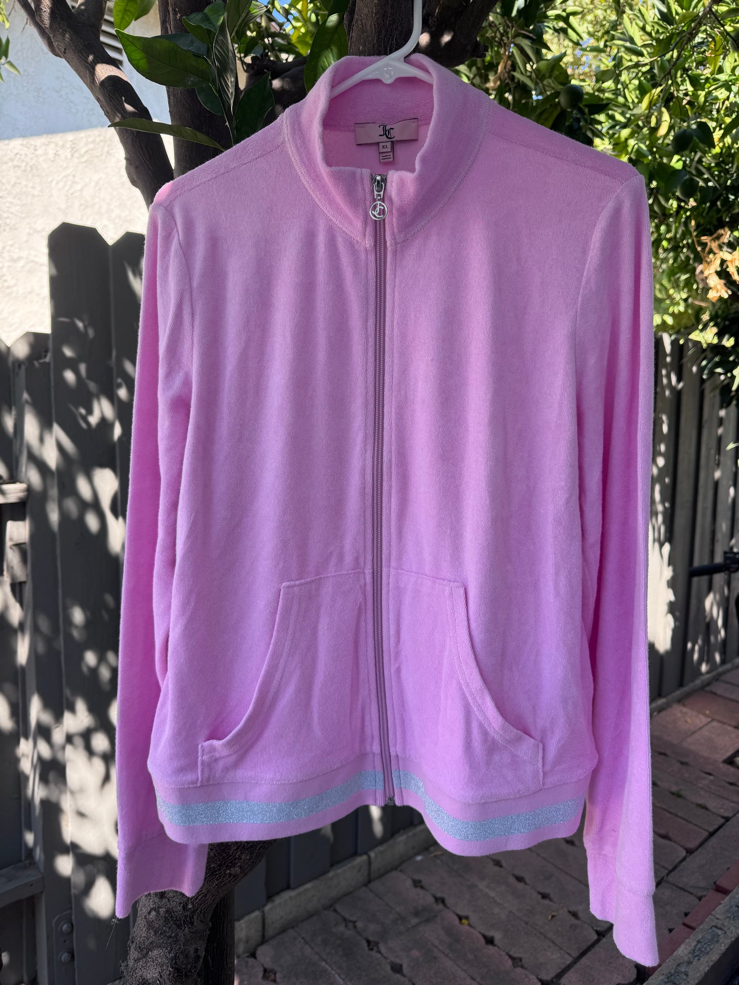 Rare Juicy Couture Pink Velour Track Jacket Glitter Stripe Y2K 2000’s Sz XL
