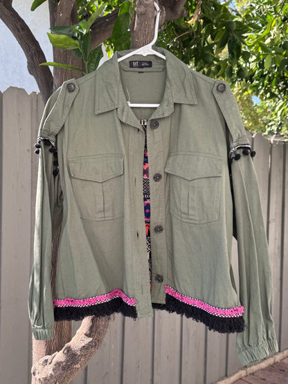 Zara TRF Olive Green Utility Jacket with Boho Embroidered Back Sz M