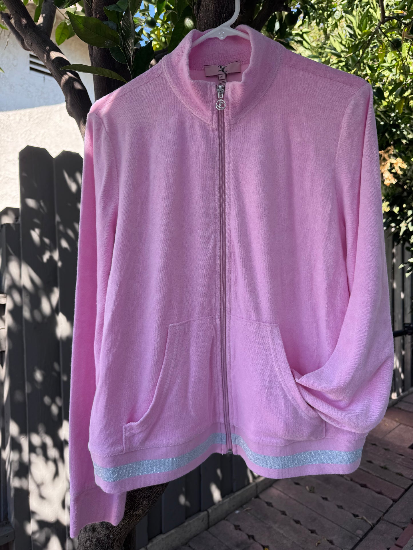 Rare Juicy Couture Pink Velour Track Jacket Glitter Stripe Y2K 2000’s Sz XL