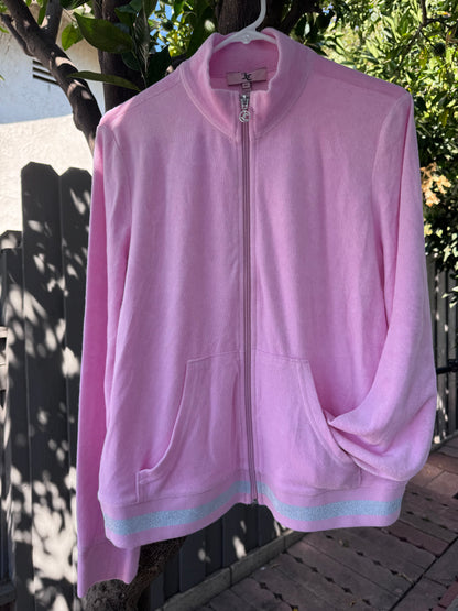 Rare Juicy Couture Pink Velour Track Jacket Glitter Stripe Y2K 2000’s Sz XL