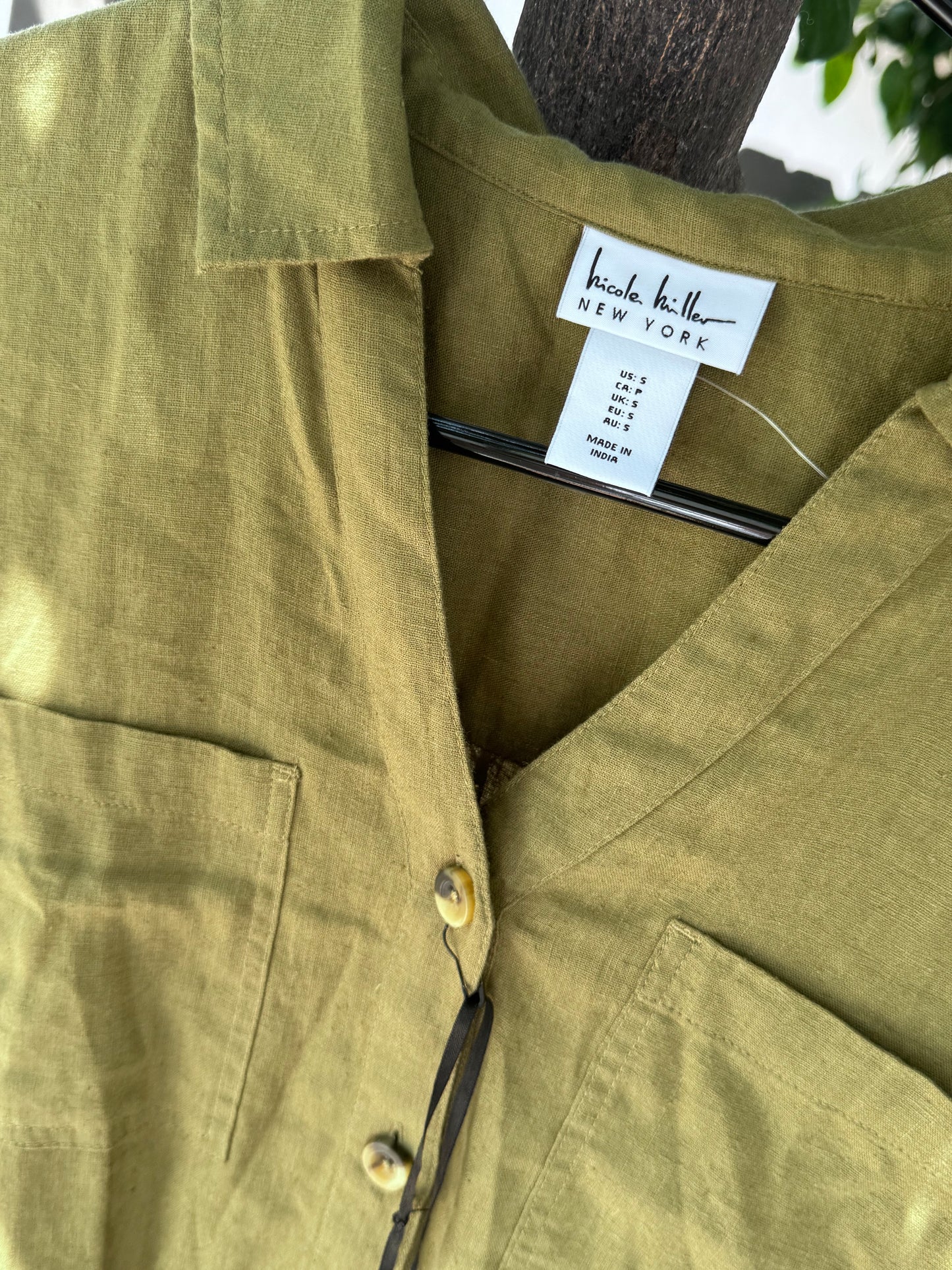 NEW Nicole Miller New York Olive Green Button Front Linen Blend Blouse Sz S