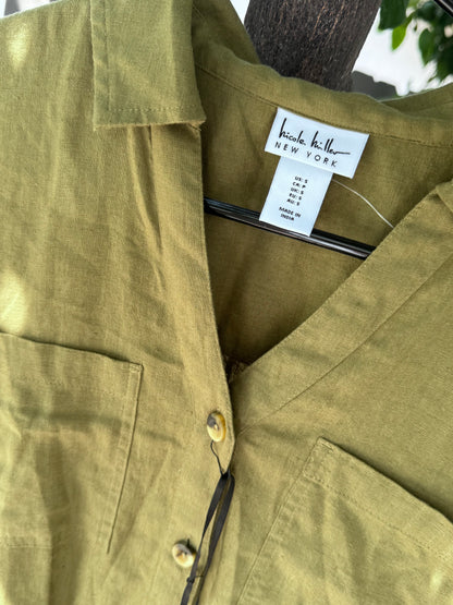 NEW Nicole Miller New York Olive Green Button Front Linen Blend Blouse Sz S