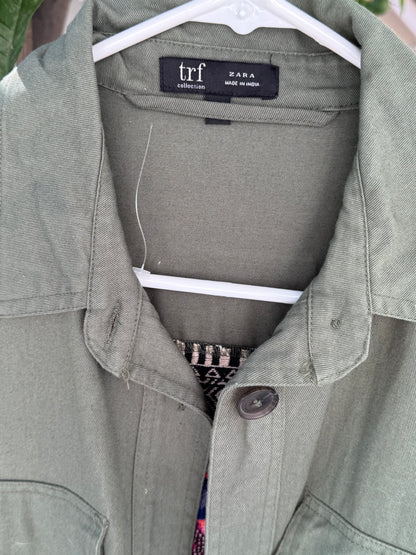 Zara TRF Olive Green Utility Jacket with Boho Embroidered Back Sz M