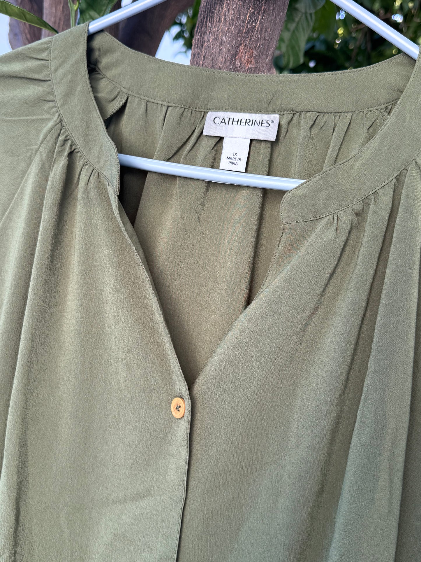 Catherines Olive Green Button Front Blouse 3/4 Sleeve Tunic Top Sz 1X