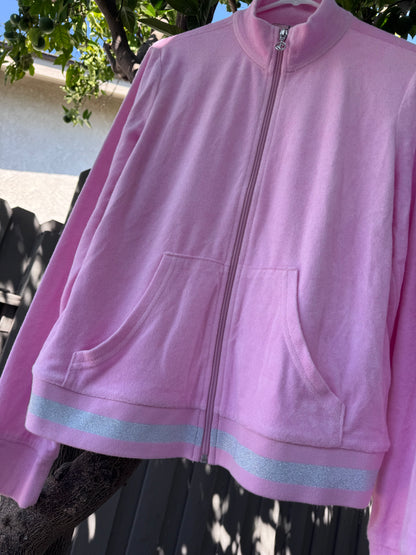 Rare Juicy Couture Pink Velour Track Jacket Glitter Stripe Y2K 2000’s Sz XL