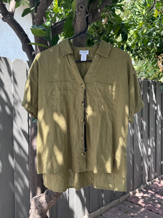 NEW Nicole Miller New York Olive Green Button Front Linen Blend Blouse Sz S