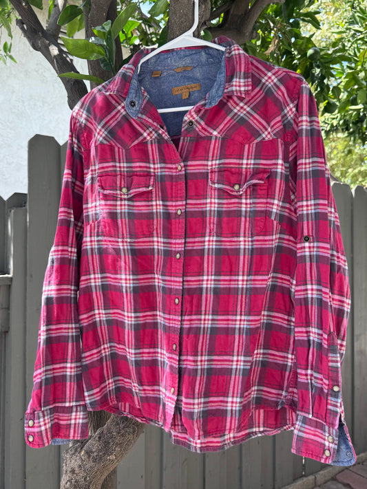 JACHS Girlfriend Red Plaid Flannel Western Button Down Shirt Sz L