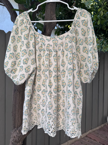 Solitaire Boho Peasant Floral Cotton Eyelet Blouse Sz XL