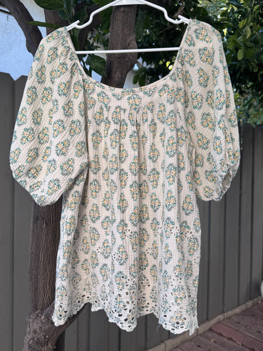 Solitaire Boho Peasant Floral Cotton Eyelet Blouse Sz XL