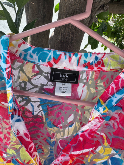 Lark Lane Bright Abstract Floral Button Front Blouse Women’s Sz 14
