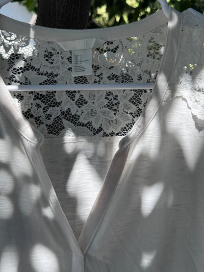 H&M Cream Long Sleeve Blouse with Lace Shoulder Detail – Size L