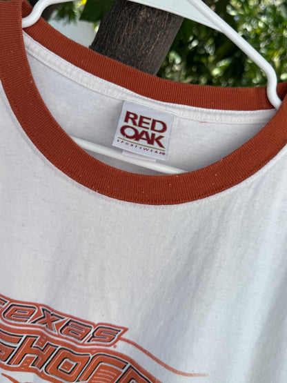 Vtg Texas Longhorns Ringer Tee Sz XL White/Orange Red Oak Sportswear