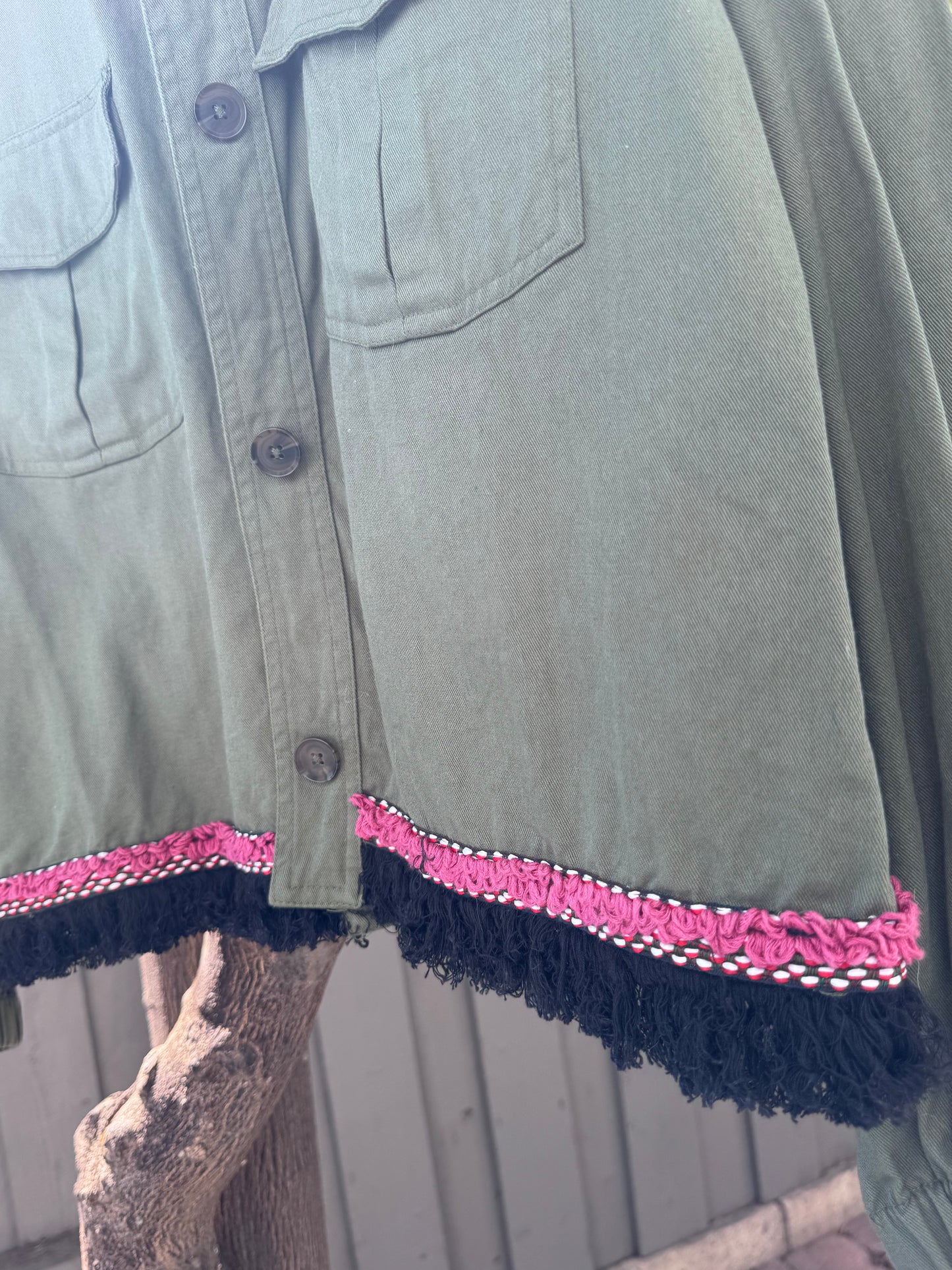 Zara TRF Olive Green Utility Jacket with Boho Embroidered Back Sz M