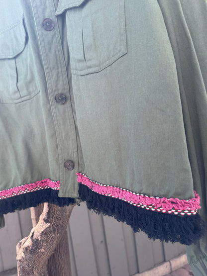 Zara TRF Olive Green Utility Jacket with Boho Embroidered Back Sz M