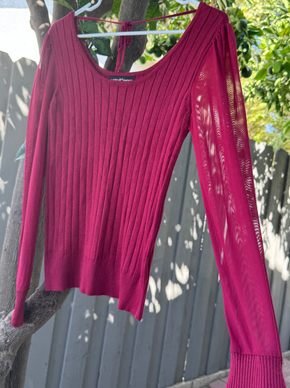 Almost Famous Magenta Ribbed Knit Sweater Top with Sheer Sleeves – Size L