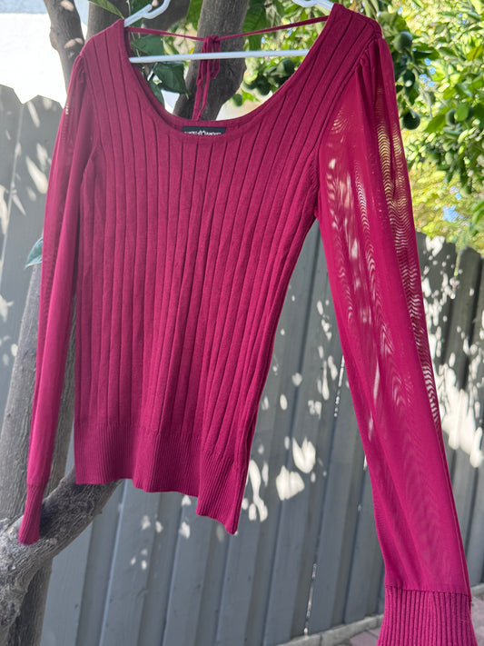 Almost Famous Magenta Ribbed Knit Sweater Top with Sheer Sleeves – Size L