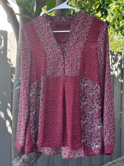 Zara Basic Burgundy Floral Patchwork Blouse – Size L