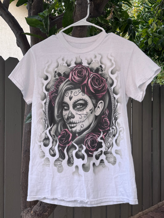Y2k Vibe Lady Sugar Skull Graphic Tee Sz S