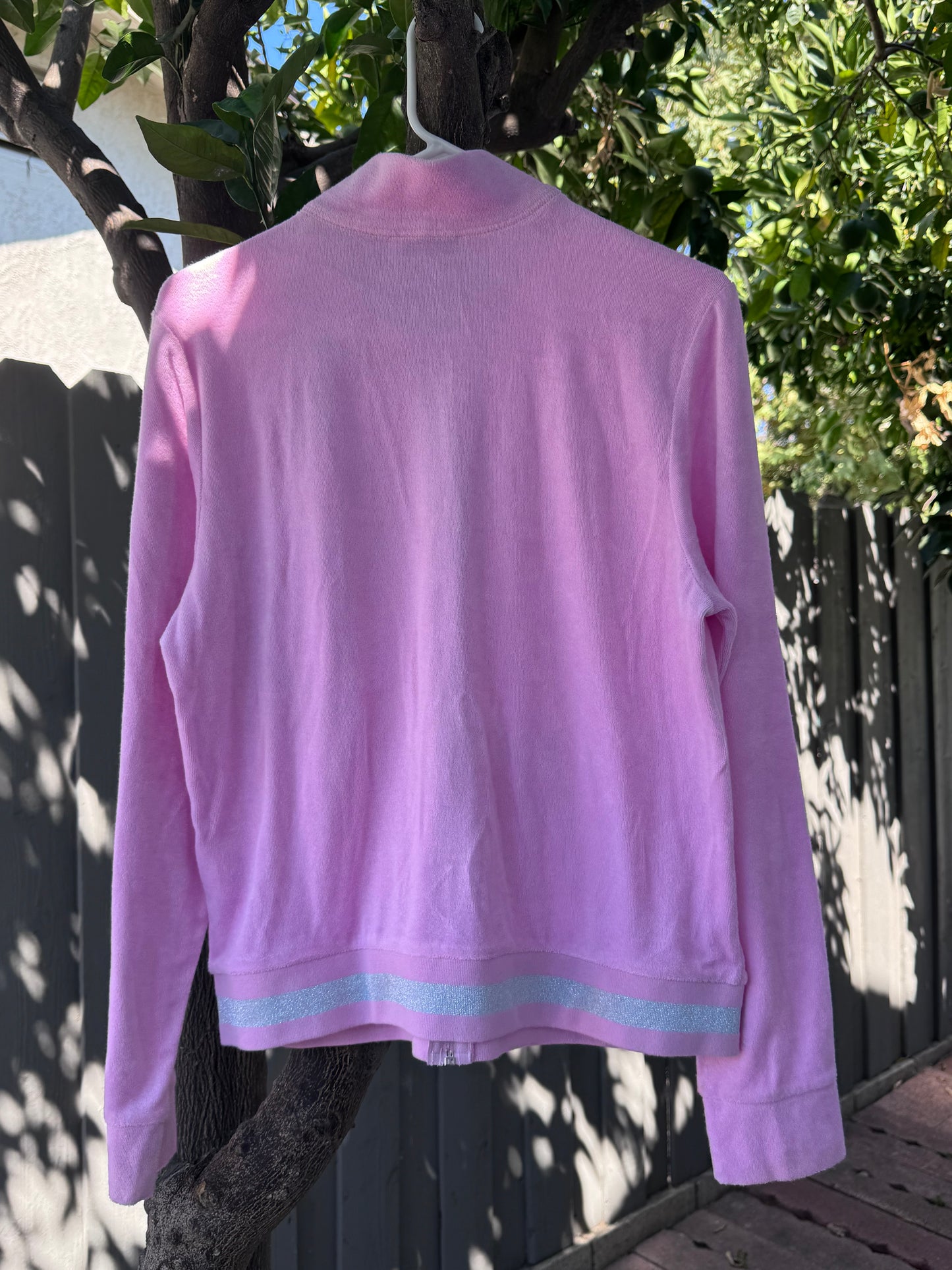 Rare Juicy Couture Pink Velour Track Jacket Glitter Stripe Y2K 2000’s Sz XL