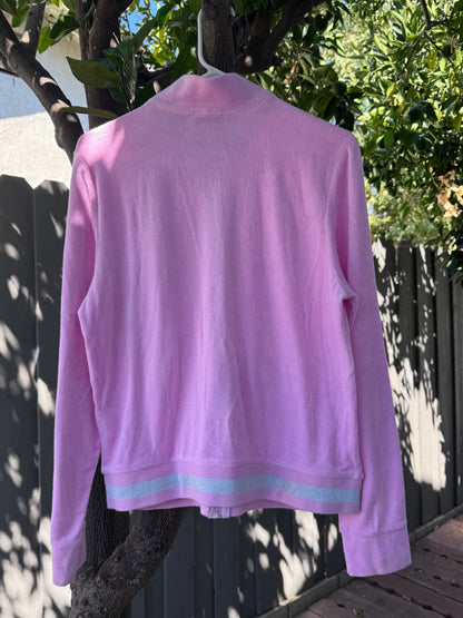 Rare Juicy Couture Pink Velour Track Jacket Glitter Stripe Y2K 2000’s Sz XL