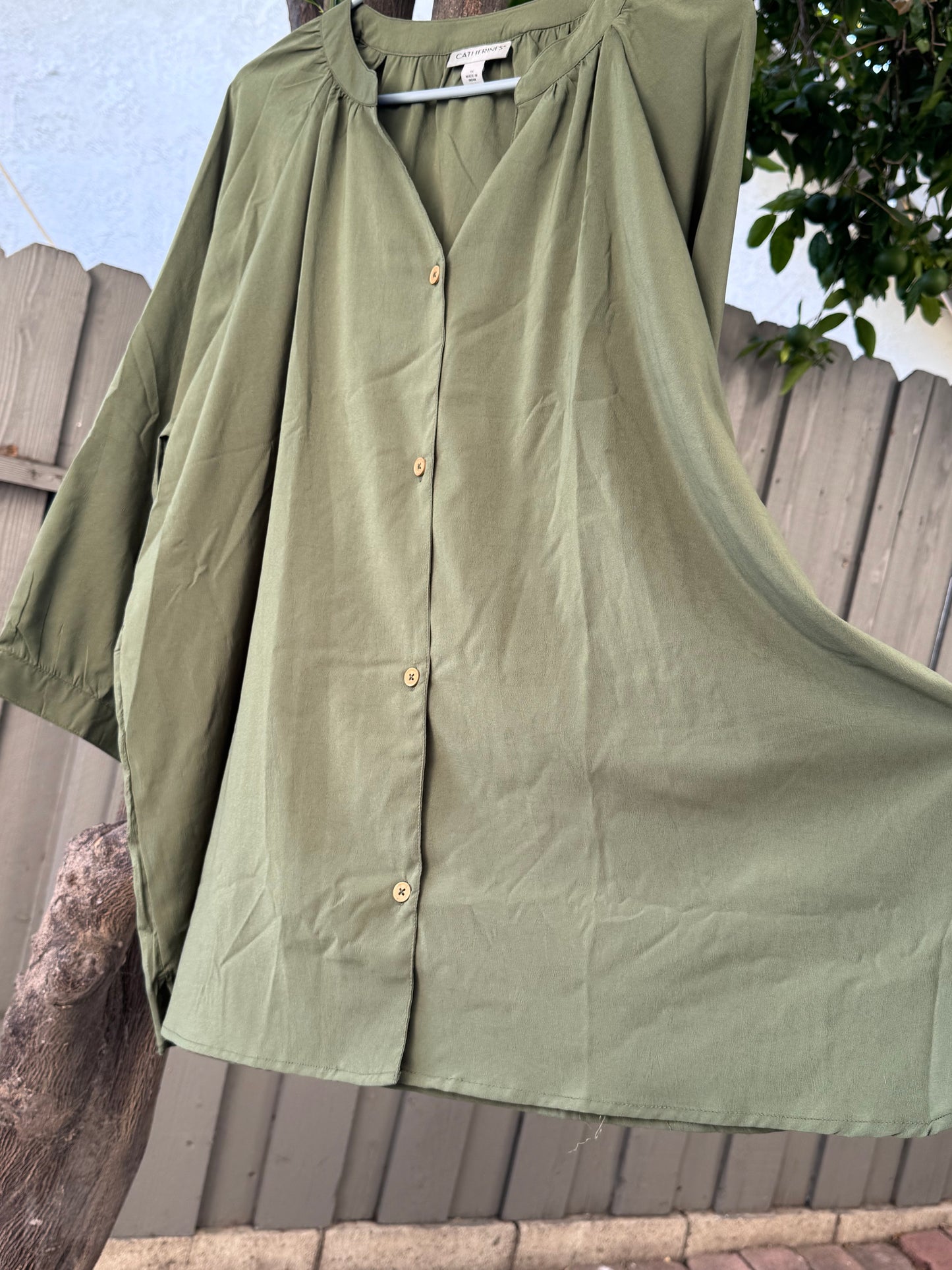 Catherines Olive Green Button Front Blouse 3/4 Sleeve Tunic Top Sz 1X