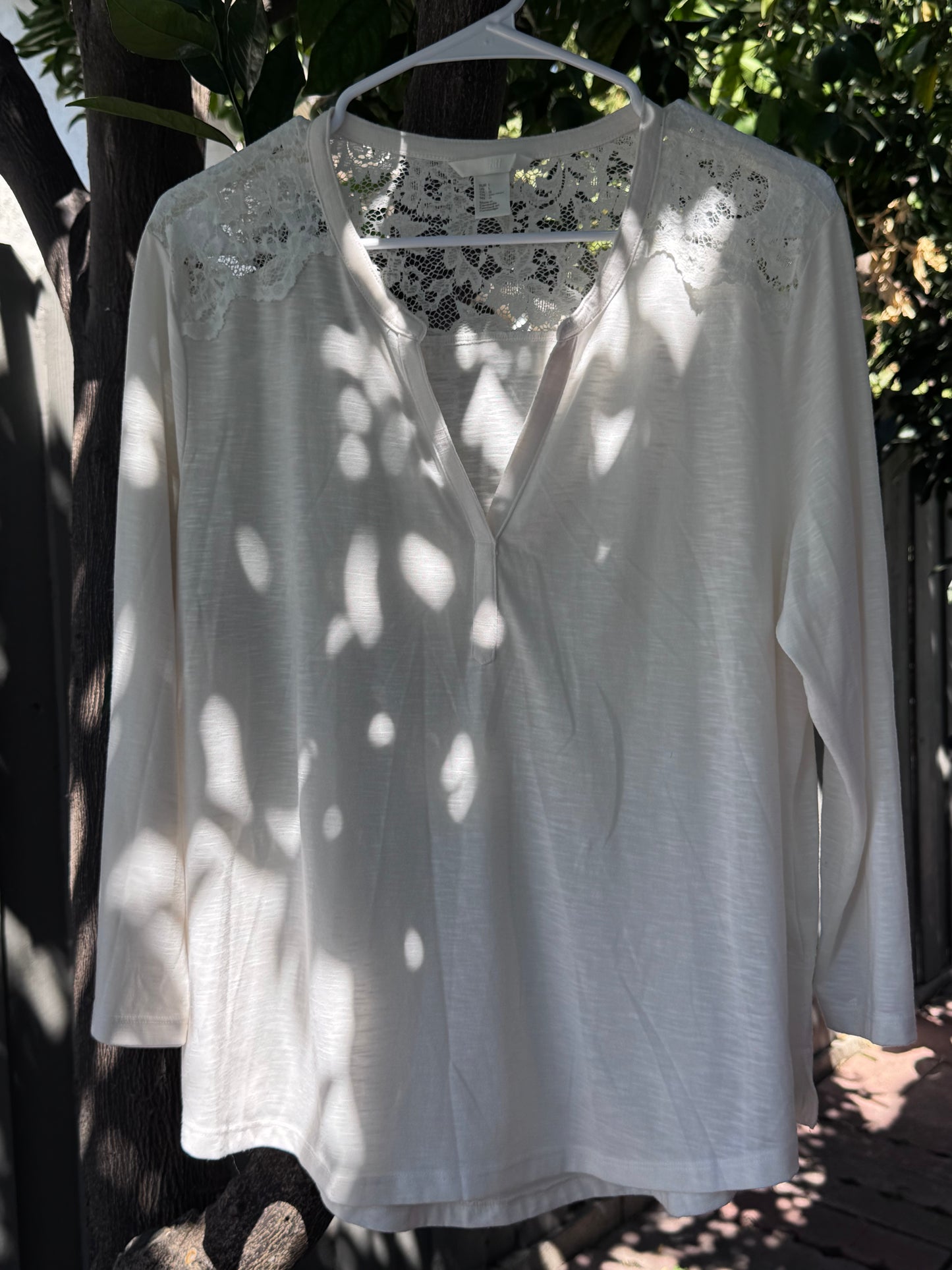 H&M Cream Long Sleeve Blouse with Lace Shoulder Detail – Size L