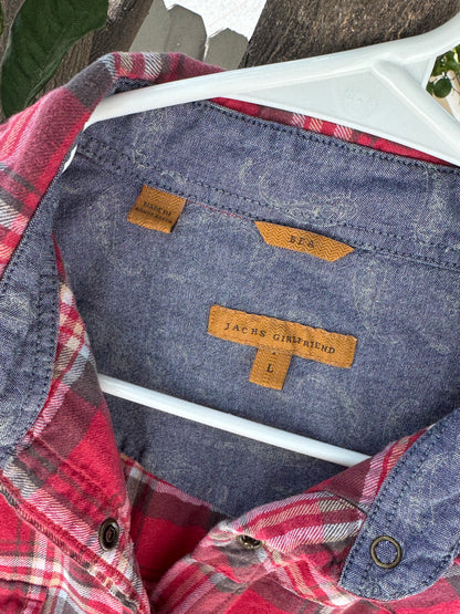 JACHS Girlfriend Red Plaid Flannel Western Button Down Shirt Sz L